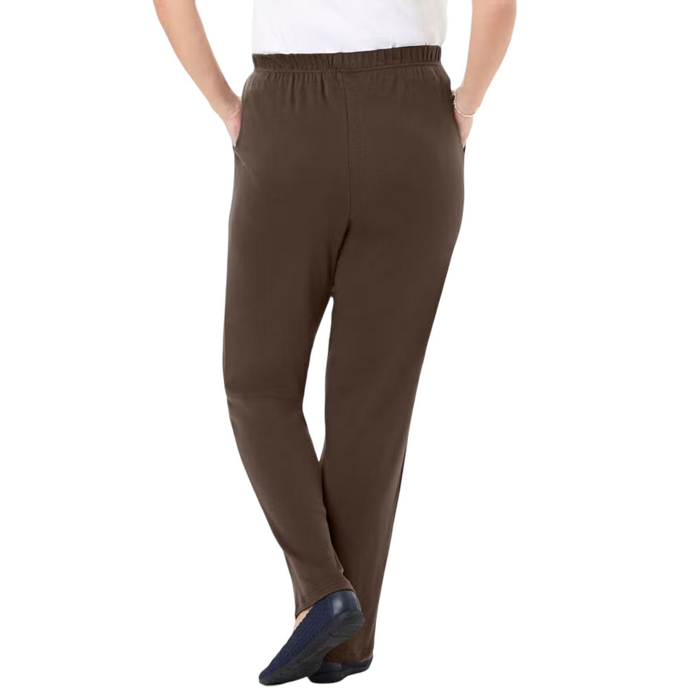 Chocolate brown straight leg knit pants on neutral background