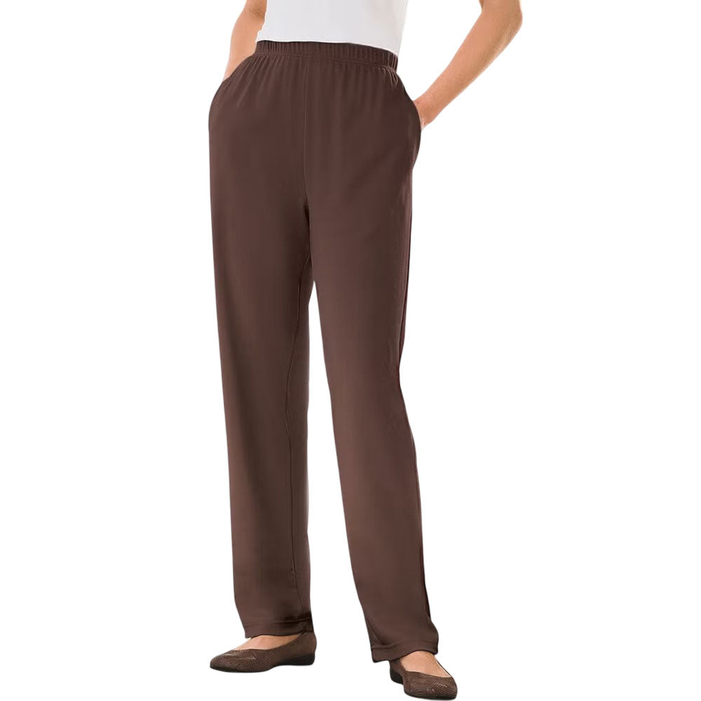Chocolate brown straight leg knit pants on neutral background