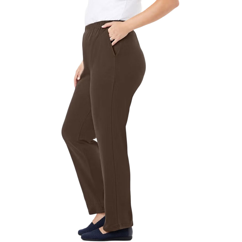Chocolate brown straight leg knit pants on neutral background