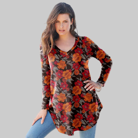 Chocolate Wallflower Thermal V-Neck Swing Tunic with shirttail hem — soft waffle-knit plus size tunic for women.