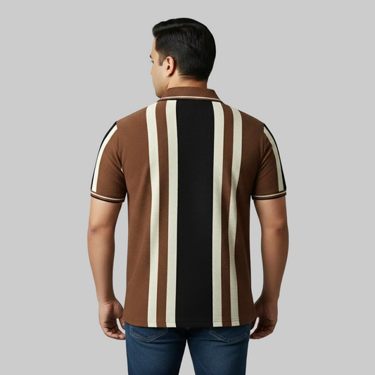 Chocolate brown and black vertical stripe polo t-shirt worn by a male model, featuring a classic collar and short sleeves on a studio background