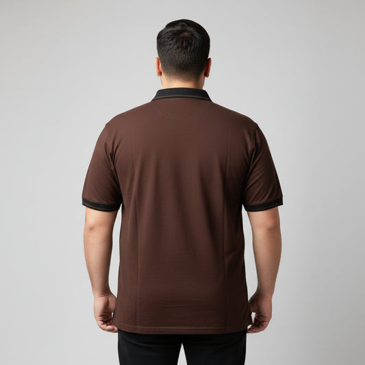 Chocolate Brown Plus Size Polo Shirt with black contrast collar and sleeve cuffs flat laid front view.