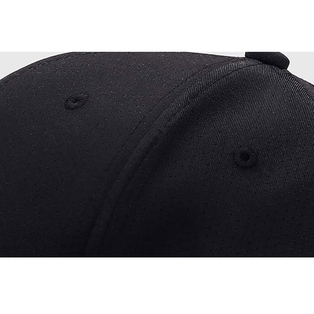 Classic black adjustable baseball cap with curved brim and six-panel design