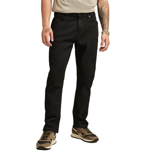 Classic black straight-fit advanced stretch jeans in dark wash, with 5-pocket styling, button closure, zip fly, and belt loops.