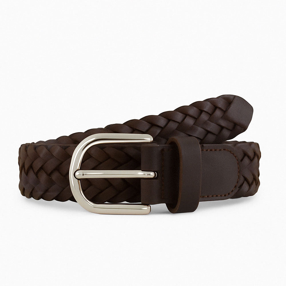 Plus-size brown braided leather belt with polished silver buckle displayed on a white background.