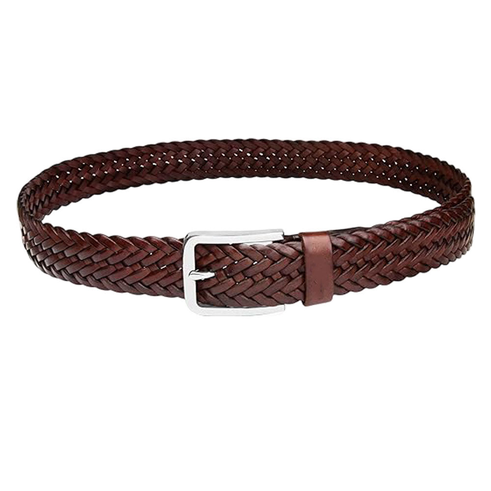 Plus-size brown braided leather belt with polished silver buckle displayed on a white background.