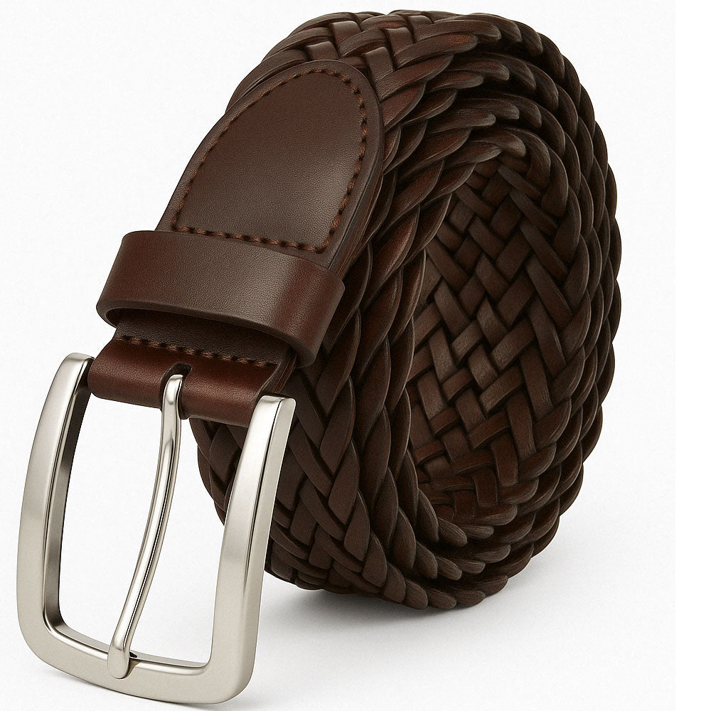 Plus-size brown braided leather belt with polished silver buckle displayed on a white background.
