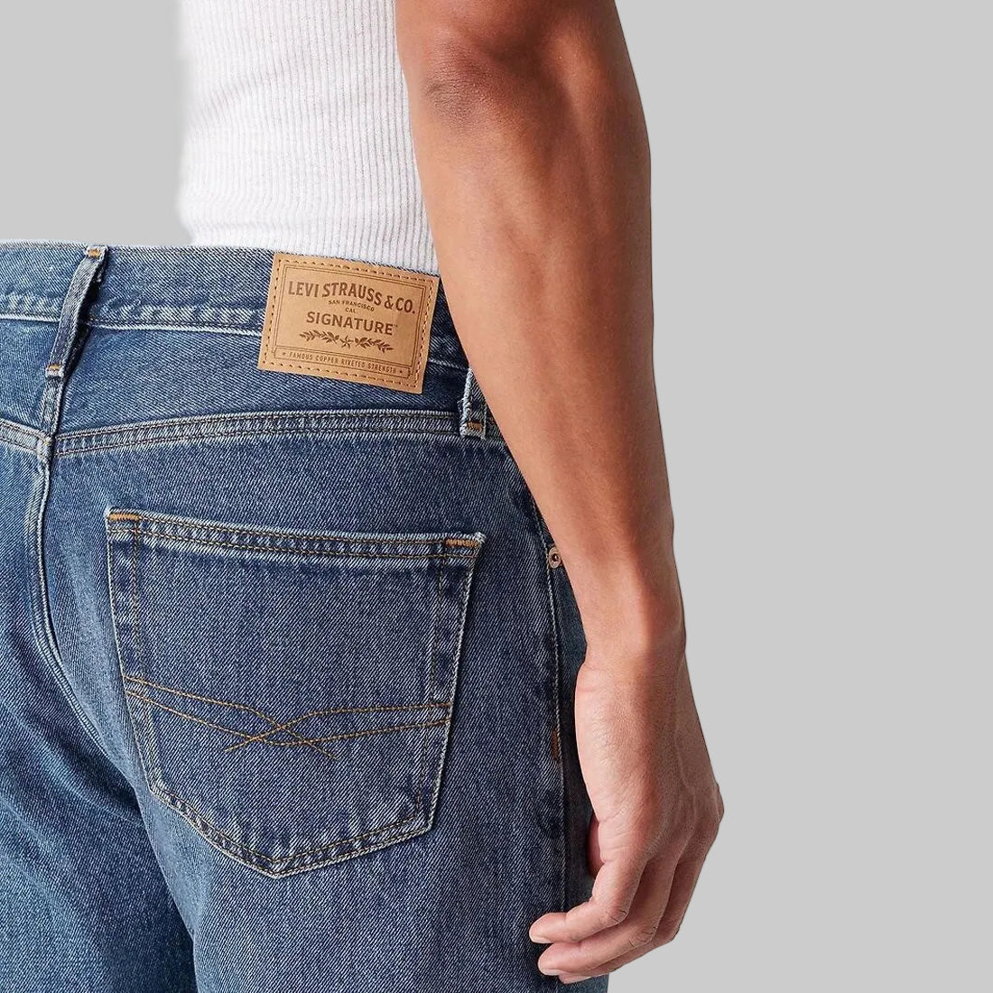 Men’s classic mid blue straight fit denim jeans made from 100% cotton, front view with regular leg opening and clean five-pocket design