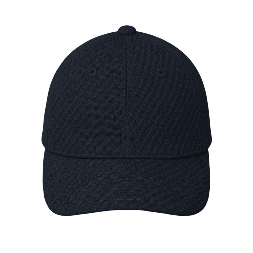 Classic navy blue textured baseball cap with silver buckle strap on wooden surface.
