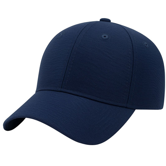 Classic navy blue textured baseball cap with silver buckle strap on wooden surface.