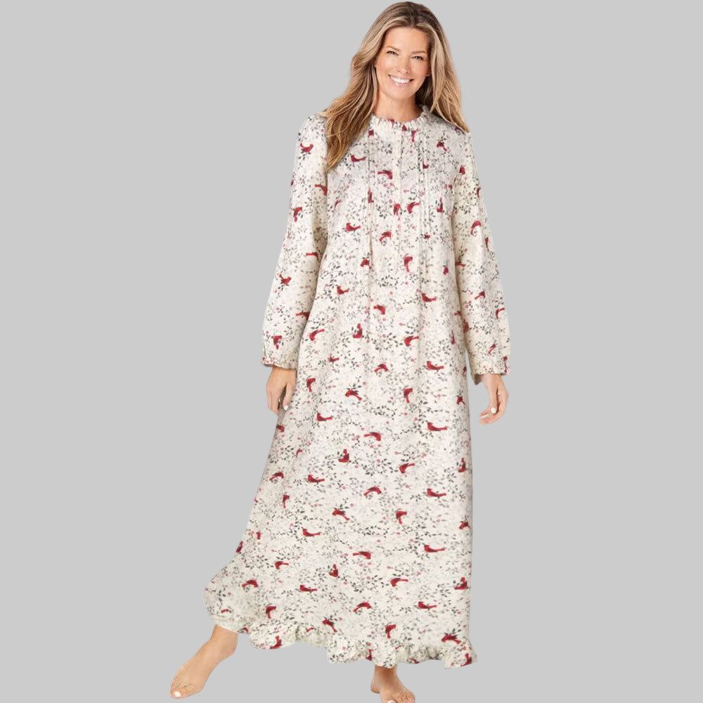 Plus size long red cardinal print flannel nightgown with ruffled bib, sleeves, and hem – 52-inch cotton sleepwear for women