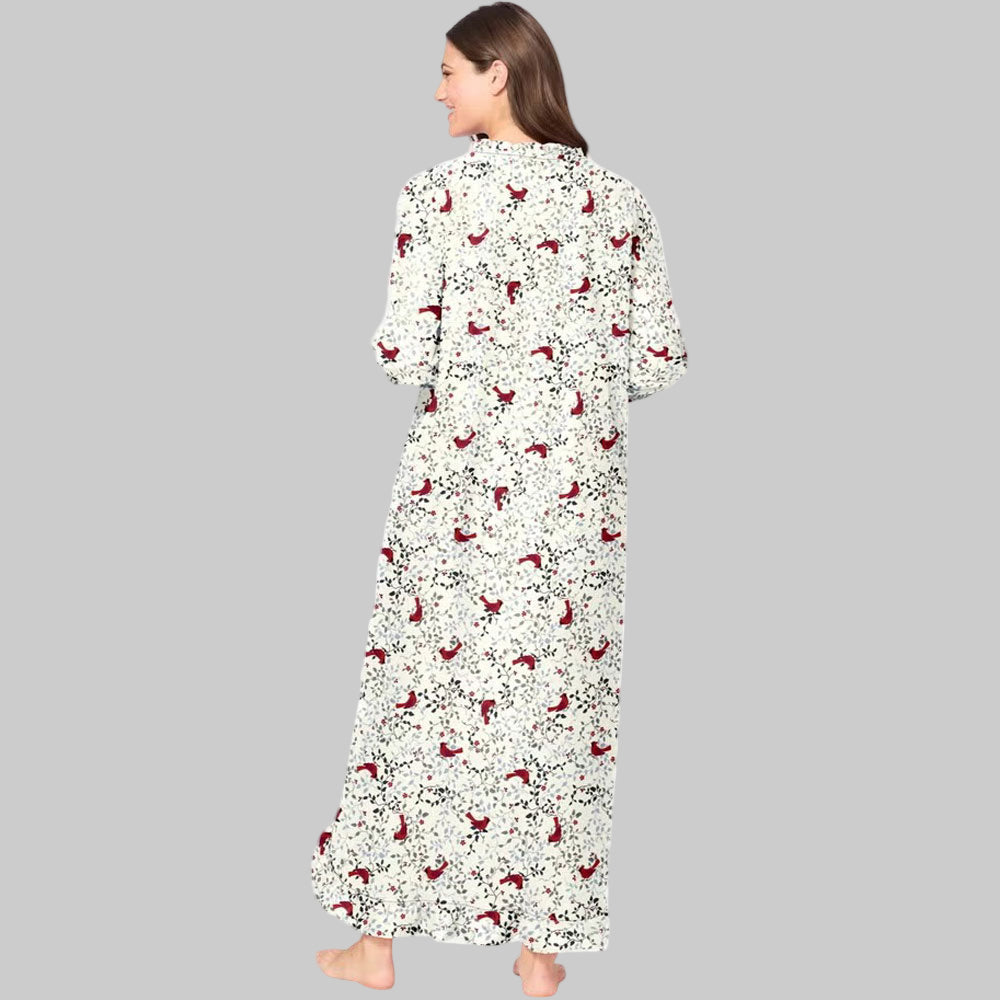 Plus size long red cardinal print flannel nightgown with ruffled bib, sleeves, and hem – 52-inch cotton sleepwear for women