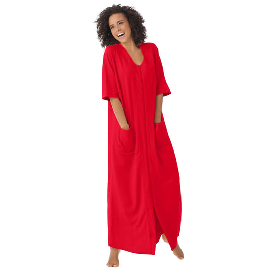 Flat-lay of Classic Red Zip-Front Robe on neutral background
