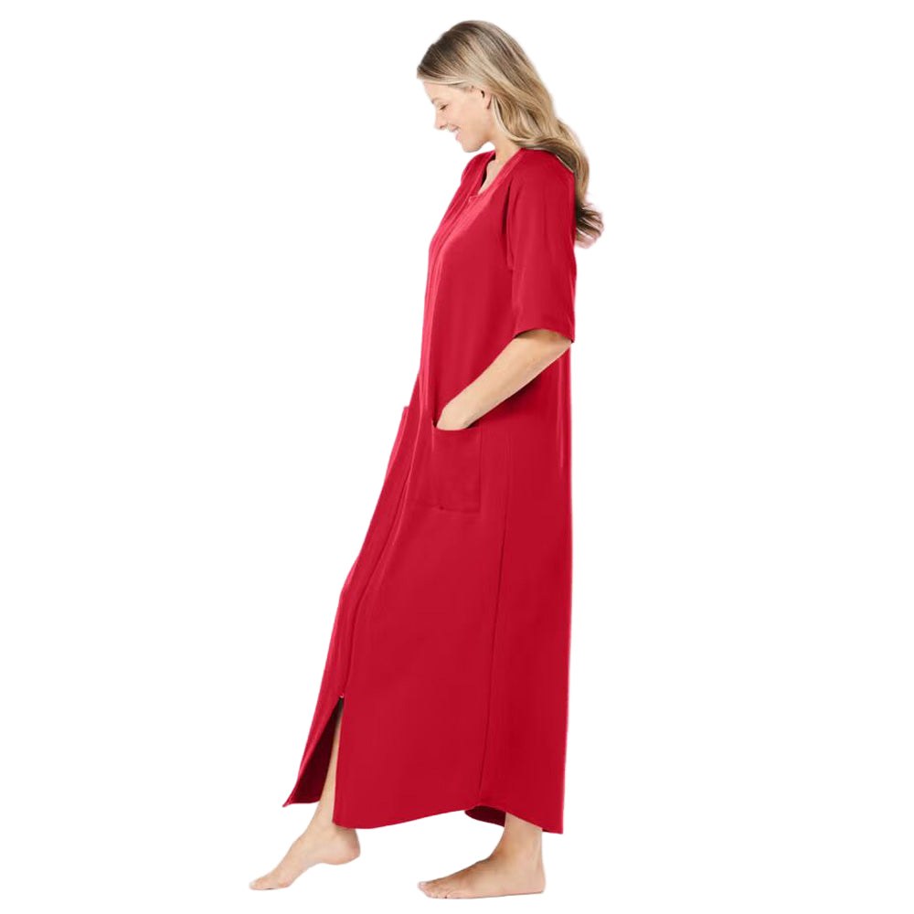 Flat-lay of Classic Red Zip-Front Robe on neutral background