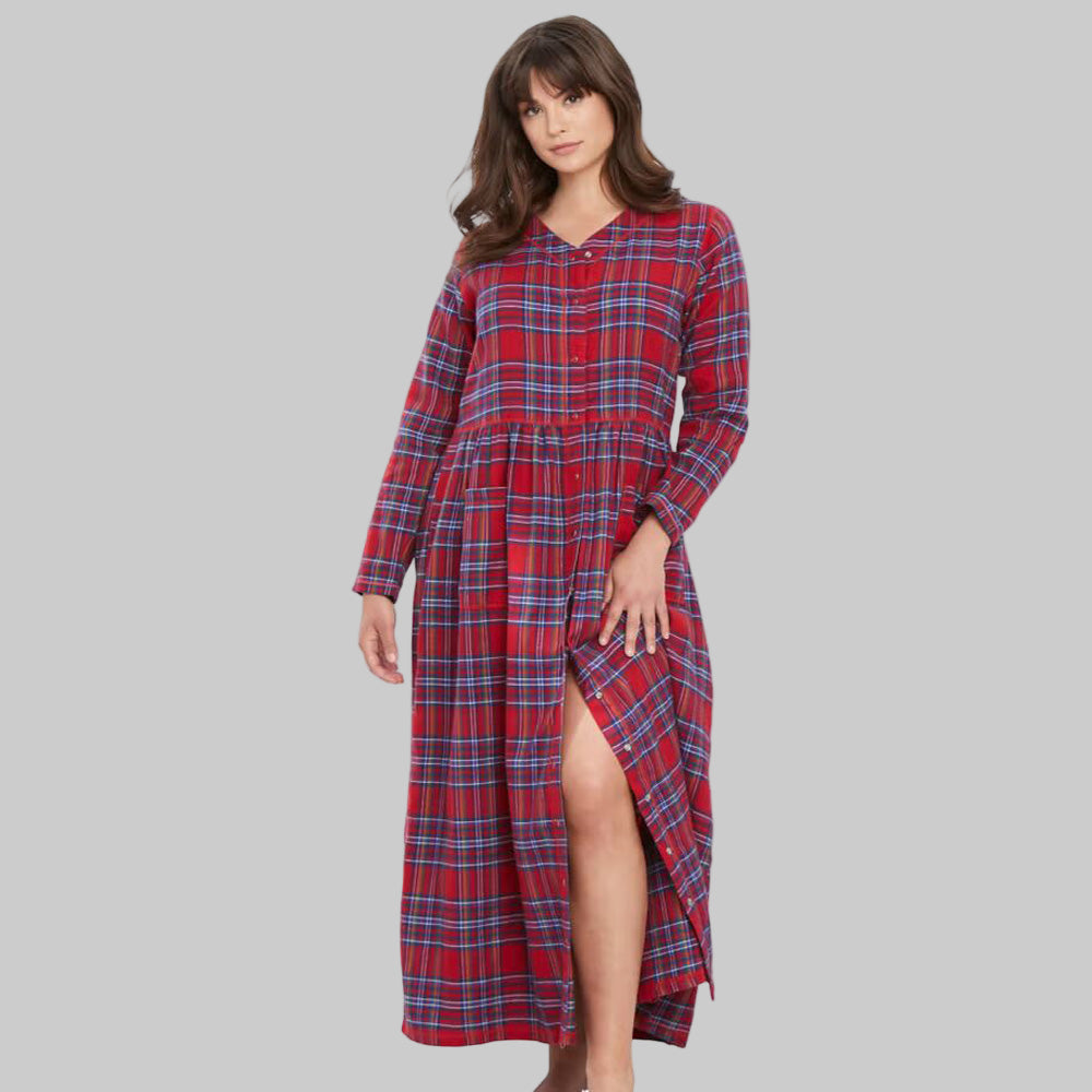 Women’s red plaid flannel lounger with empire waist, snap-front closure, patch pockets, and maxi length, made from soft pure cotton.