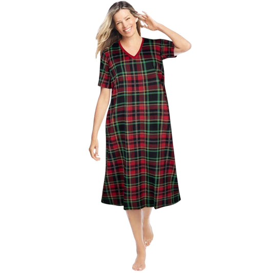 Plus-size woman wearing a classic red plaid short-sleeve nightdress with V-neck and relaxed fit