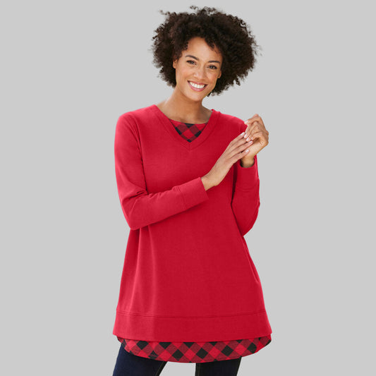 Classic Red Plaid Layered Look Sweatshirt with plaid inset and rib trim — soft cotton-blend women’s tunic for casual comfort.
