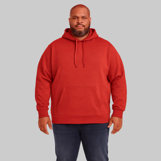 Front view of Classic Red Pullover Fleece Hoodie for plus-size men on white background.