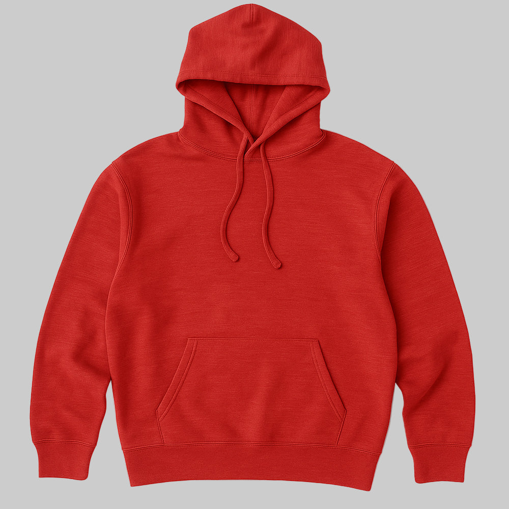 Front view of Classic Red Pullover Fleece Hoodie for plus-size men on white background.