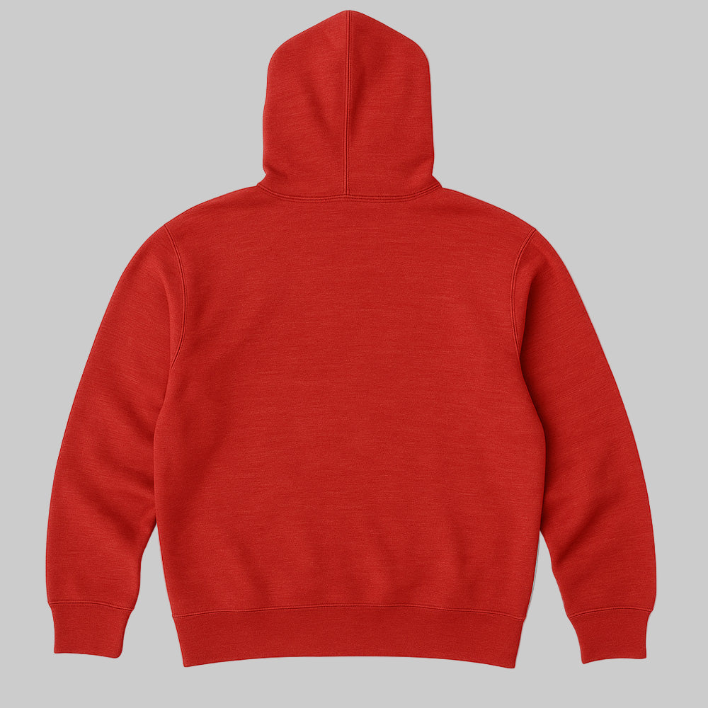 Front view of Classic Red Pullover Fleece Hoodie for plus-size men on white background.