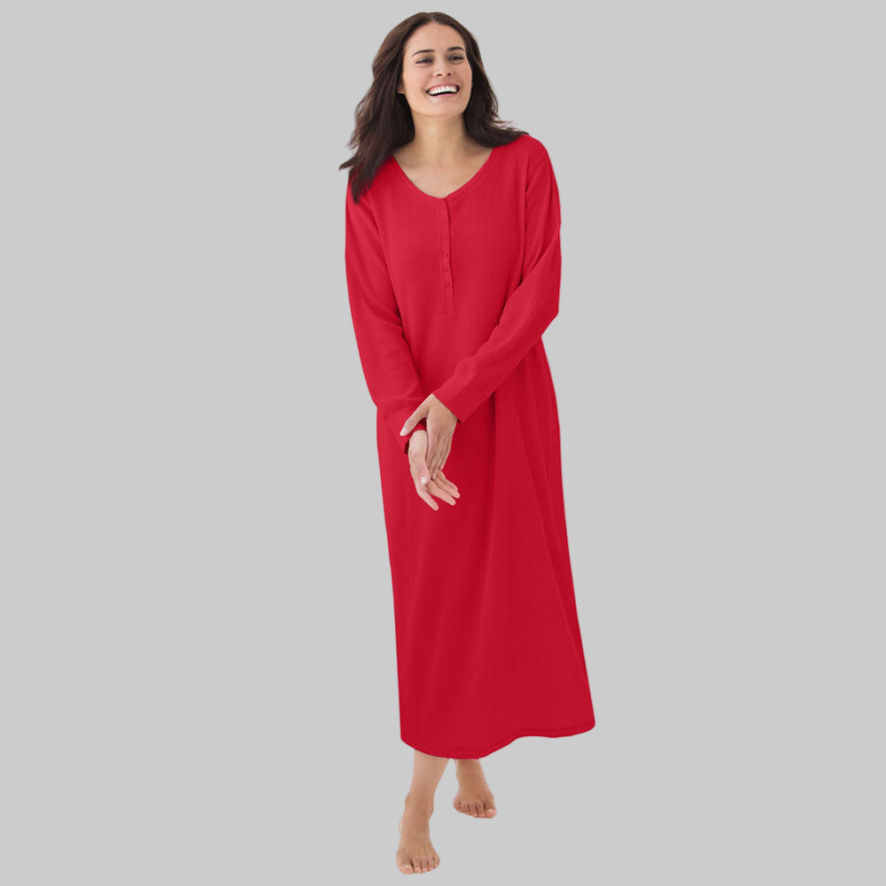 Classic Red Thermal Henley Nightgown with Henley neckline, long sleeves, and calf-skimming thermal fabric.
