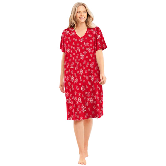 Classic red winter snow short print sleepshirt with cheerful print, ribbed V-neck, short sleeves, and relaxed A-line fit in breathable cotton.