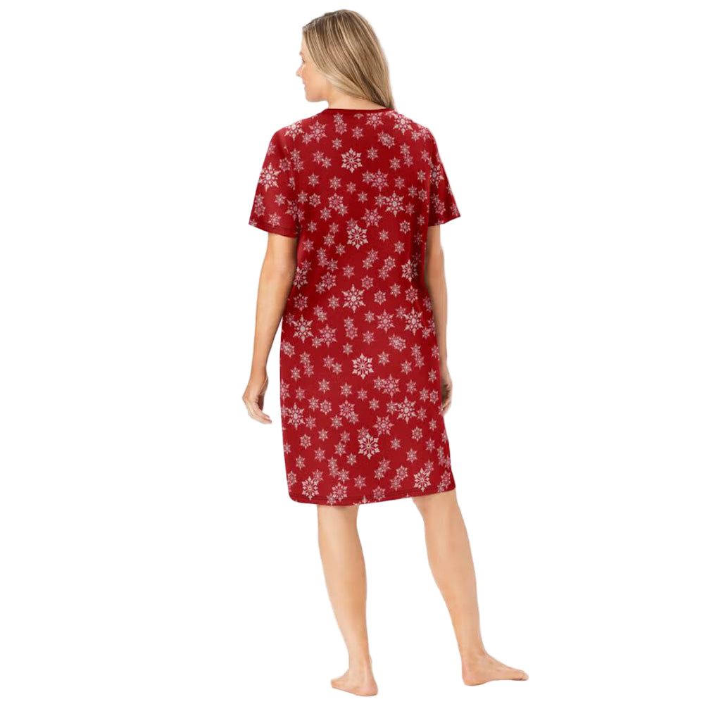 Classic red winter snow short print sleepshirt with cheerful print, ribbed V-neck, short sleeves, and relaxed A-line fit in breathable cotton.