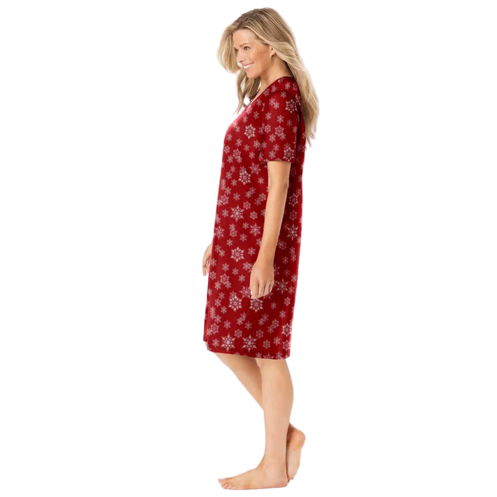 Classic red winter snow short print sleepshirt with cheerful print, ribbed V-neck, short sleeves, and relaxed A-line fit in breathable cotton.