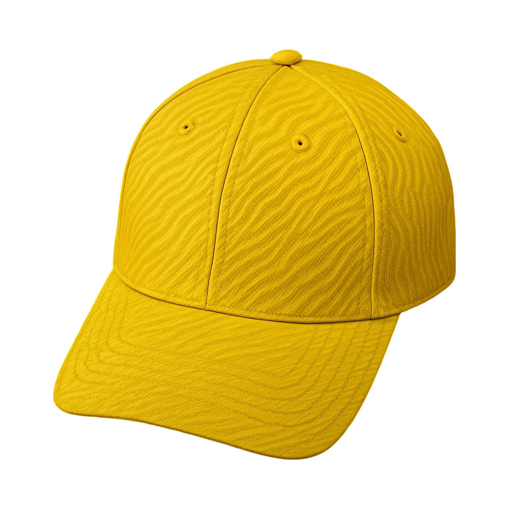 Classic yellow baseball cap with zebra-textured fabric and silver buckle on wooden surface.