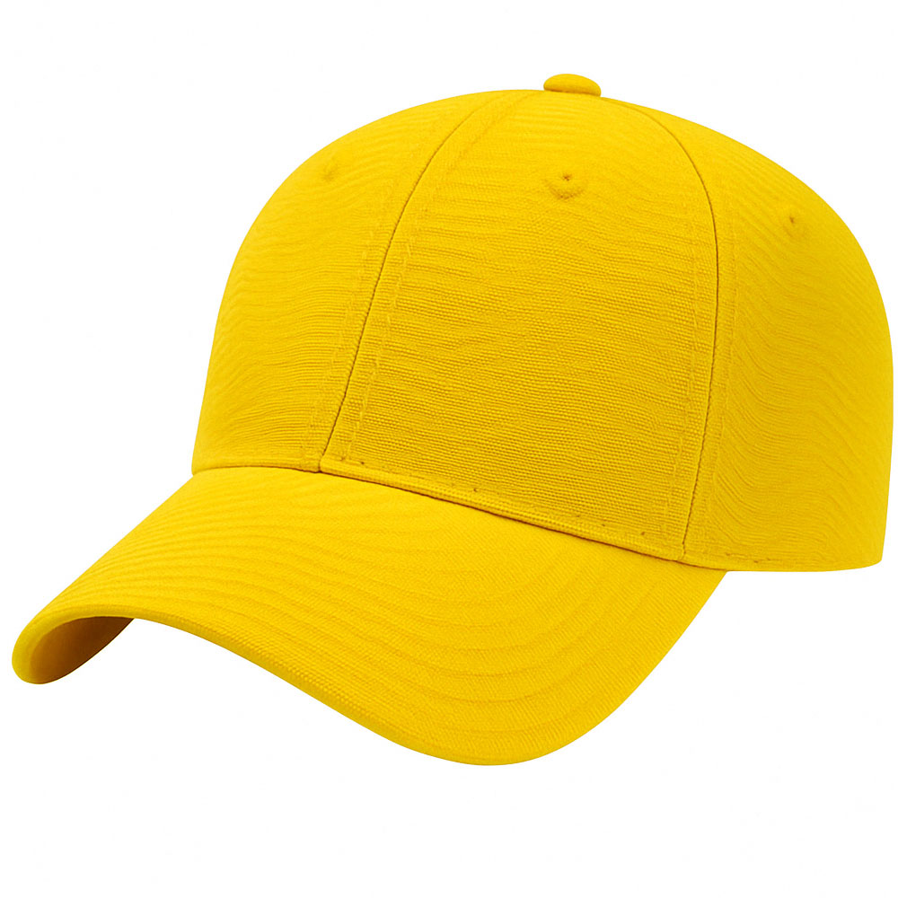 Classic yellow baseball cap with zebra-textured fabric and silver buckle on wooden surface.