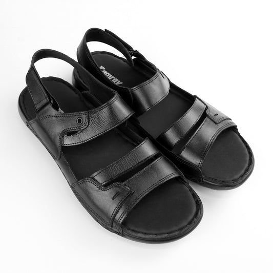 Faber black leather sandals with two straps across the foot and an ankle strap.