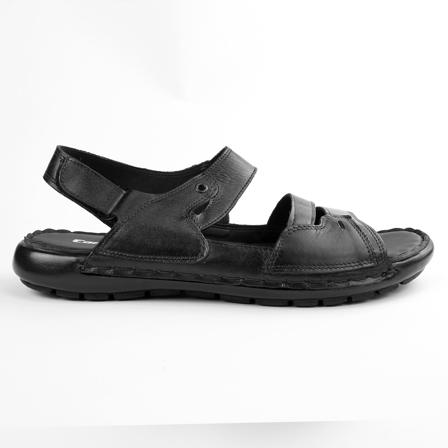 Faber black leather sandals with two straps across the foot and an ankle strap.