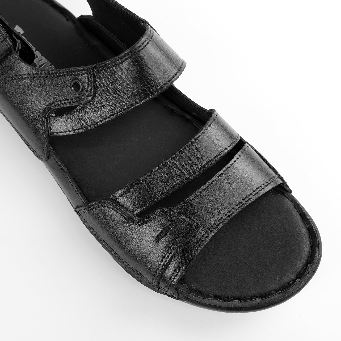 Faber black leather sandals with two straps across the foot and an ankle strap.