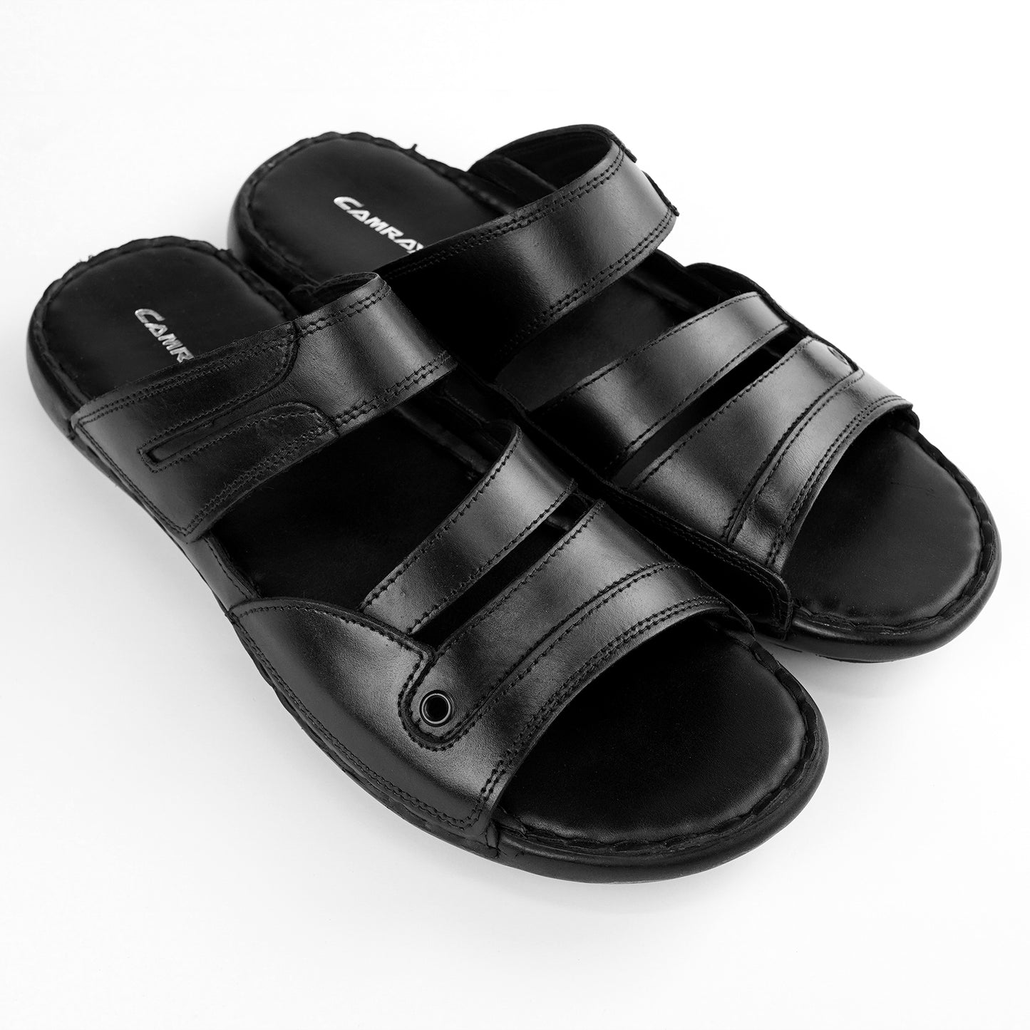 Black leather wide-fit slide sandal for men with dual strap design – PlusSize.pk
