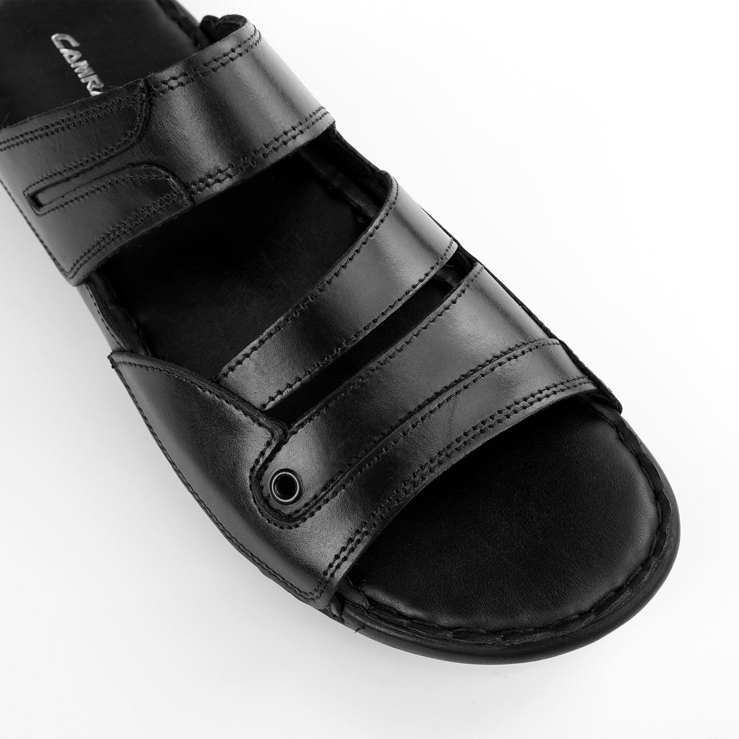Black leather wide-fit slide sandal for men with dual strap design – PlusSize.pk
