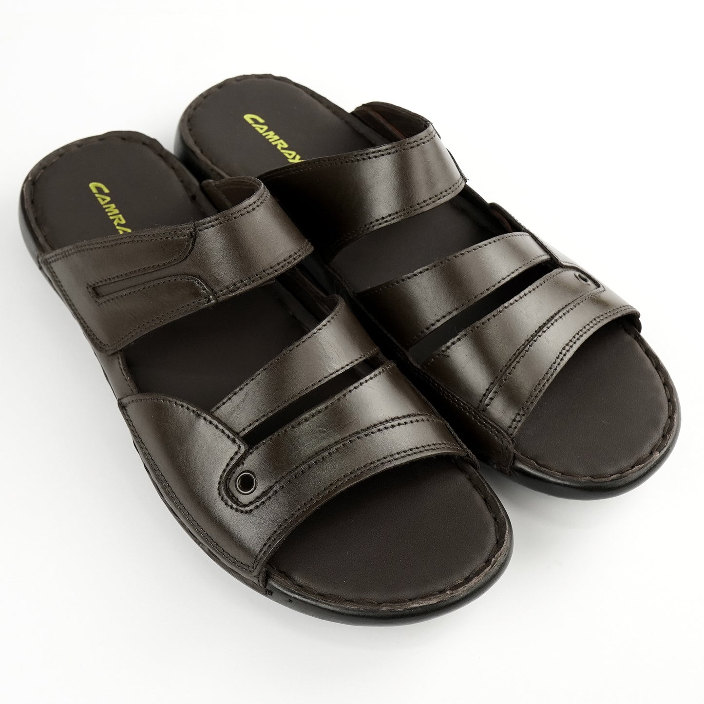 Dark brown leather wide-fit slide sandal with double strap – PlusSize.pk