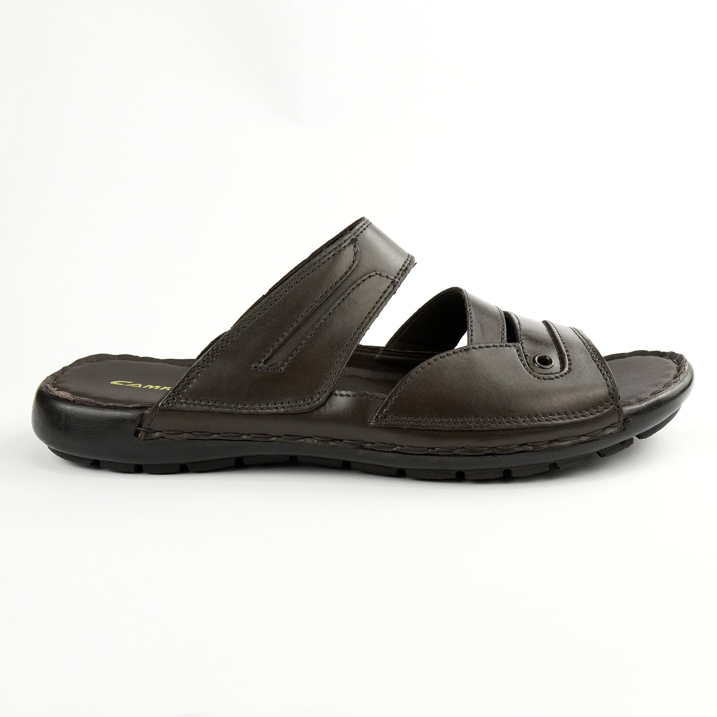 Dark brown leather wide-fit slide sandal with double strap – PlusSize.pk