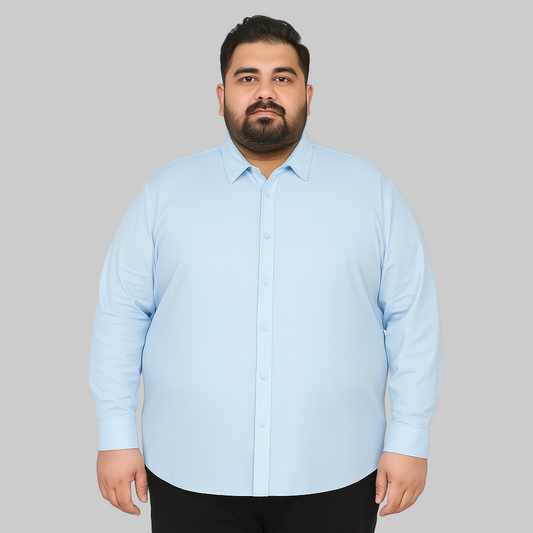 Plus-size Pakistani man wearing sky blue solid full-sleeve formal shirt