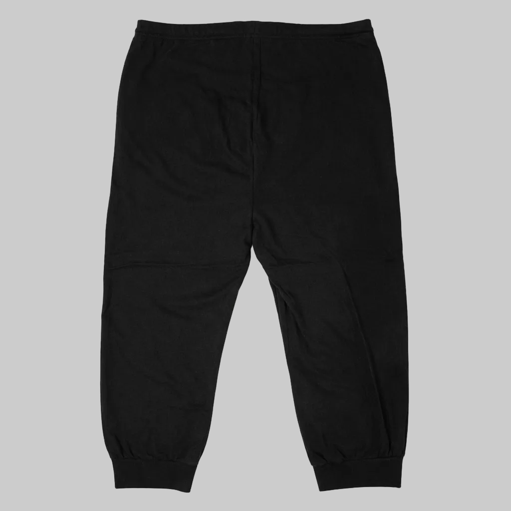 Black fleece jogger pants laid flat showing elastic waistband and ribbed ankle cuffs, soft fabric texture, front view.