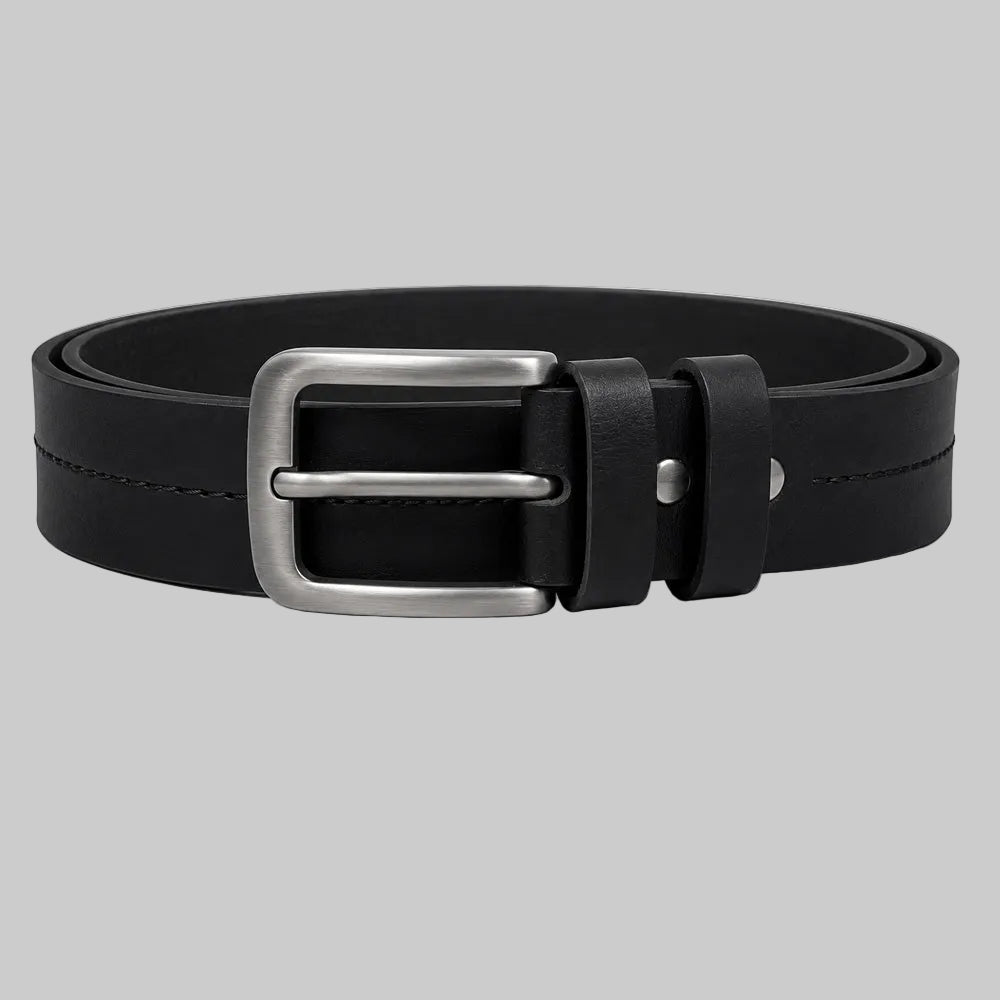 Classic black leather belt for men featuring premium leather construction and a durable metal buckle, ideal for casual, business, and formal wear.