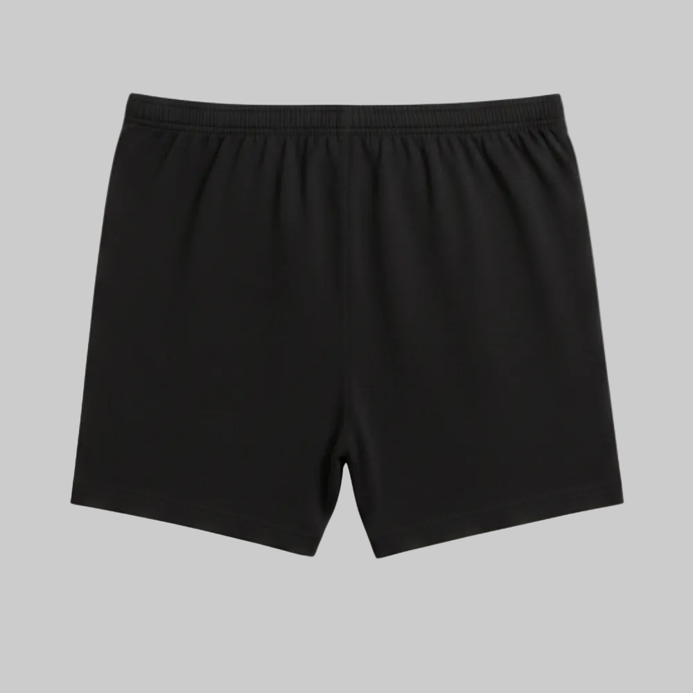 Classic black plain cotton boxer with elastic waistband and button fly, laid flat showing a clean and comfortable everyday design