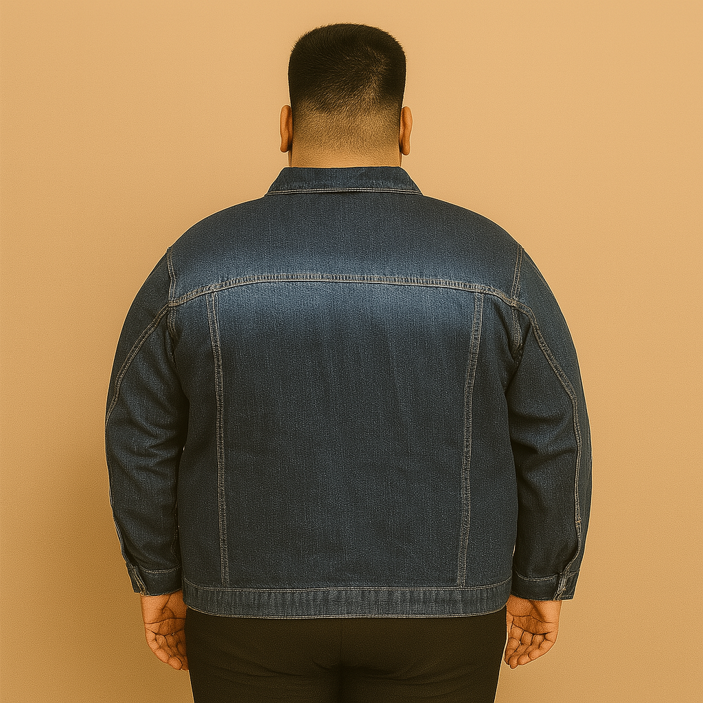 Plus-size man wearing classic blue denim jacket with elastic cuffs and chest flap pockets