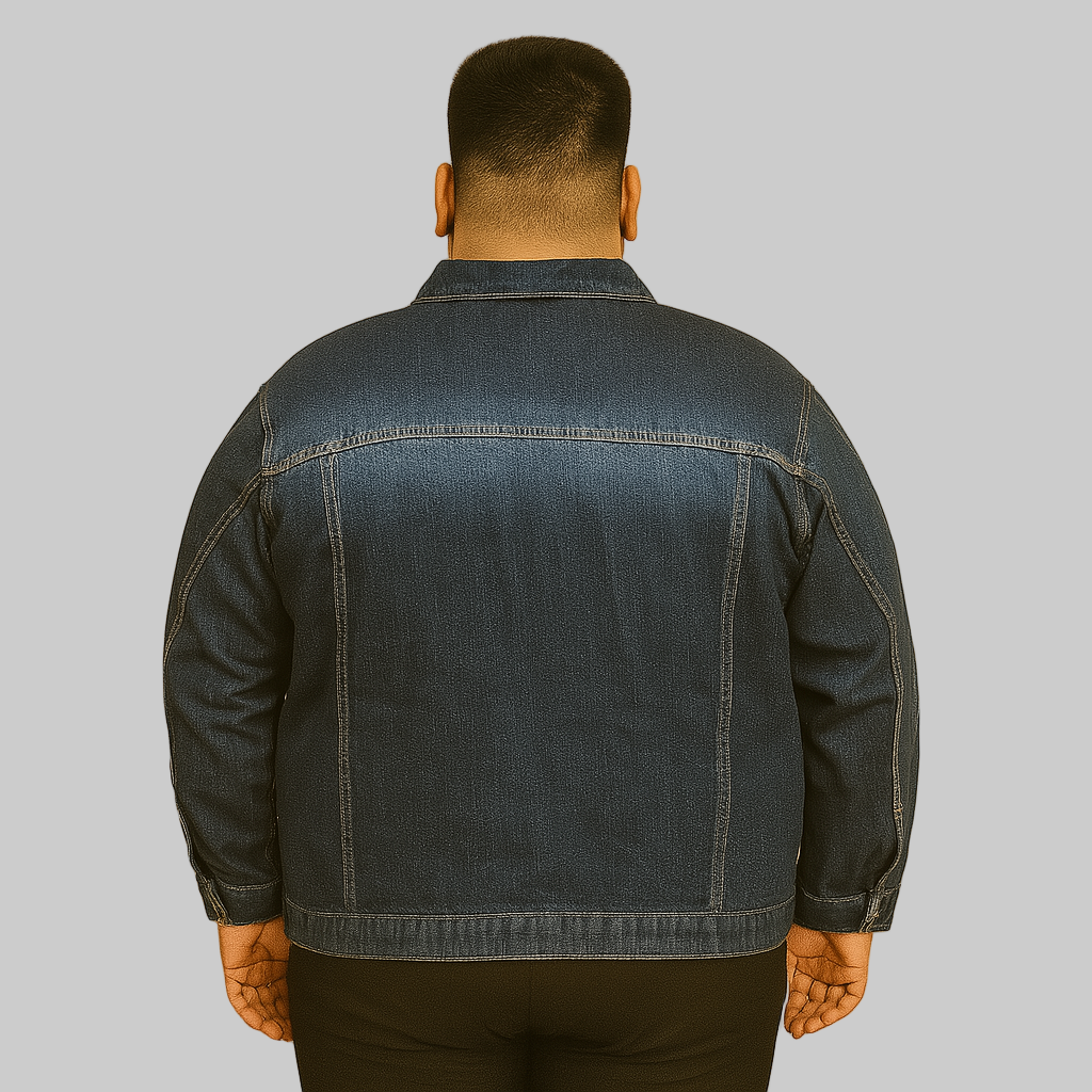 Plus-size man wearing classic blue denim jacket with elastic cuffs and chest flap pockets