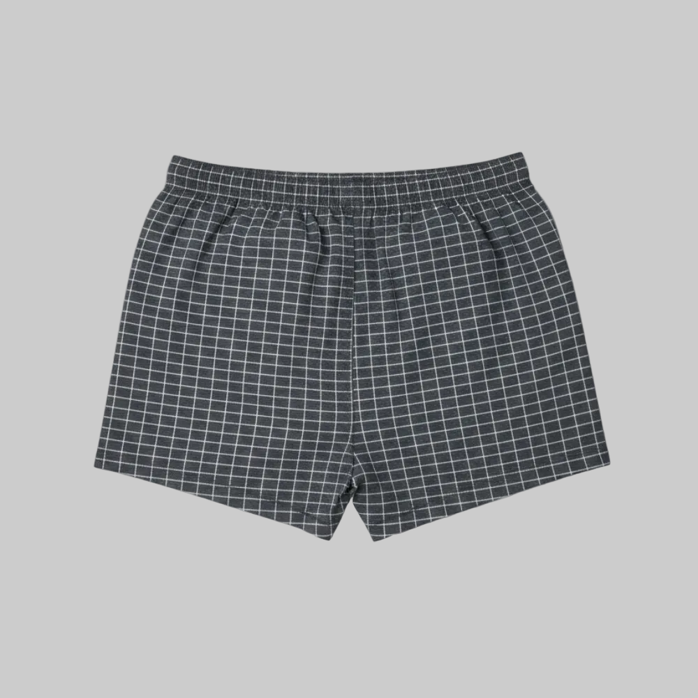 Classic charcoal micro-check cotton boxer with elastic waistband and button fly, laid flat showing a clean and comfortable everyday design