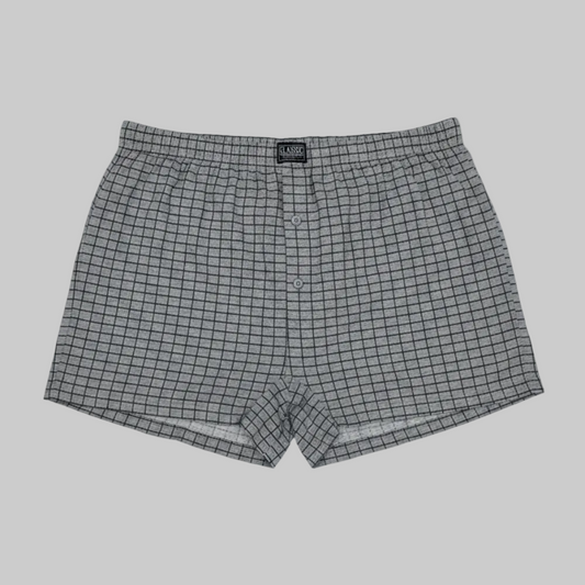 Classic grey micro-check cotton boxer with elastic waistband, laid flat showing a clean and comfortable everyday design