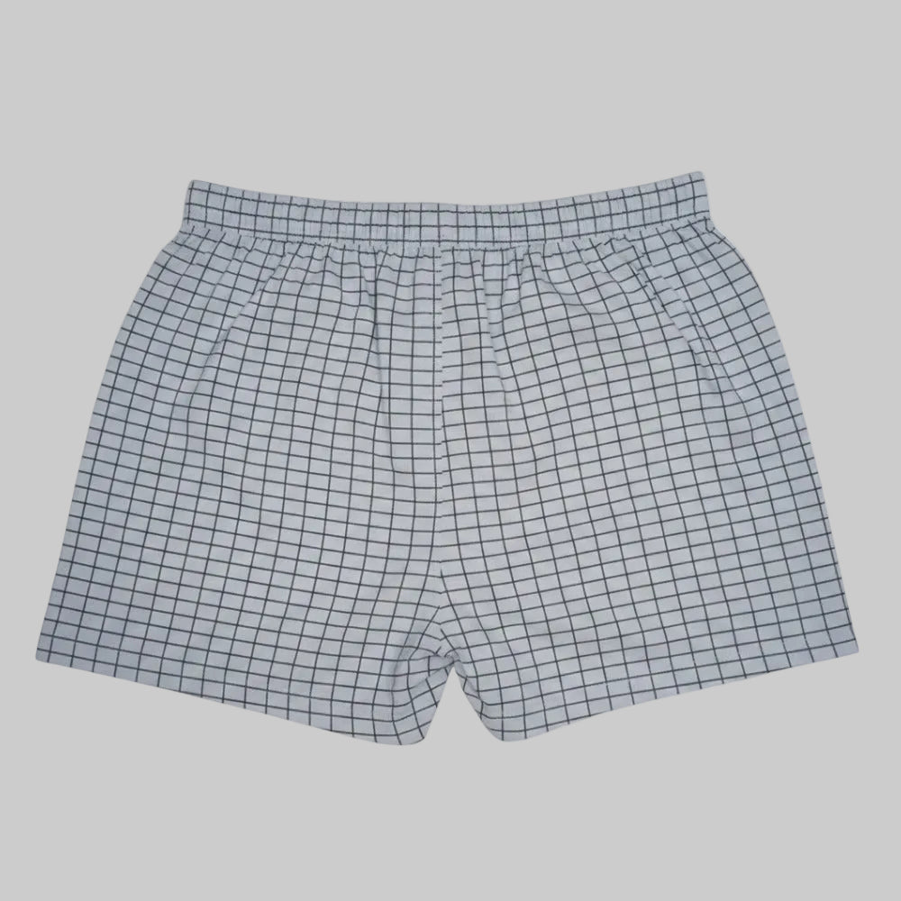 Light grey grid check cotton boxer with elastic waistband and button fly displayed on a plain white background
