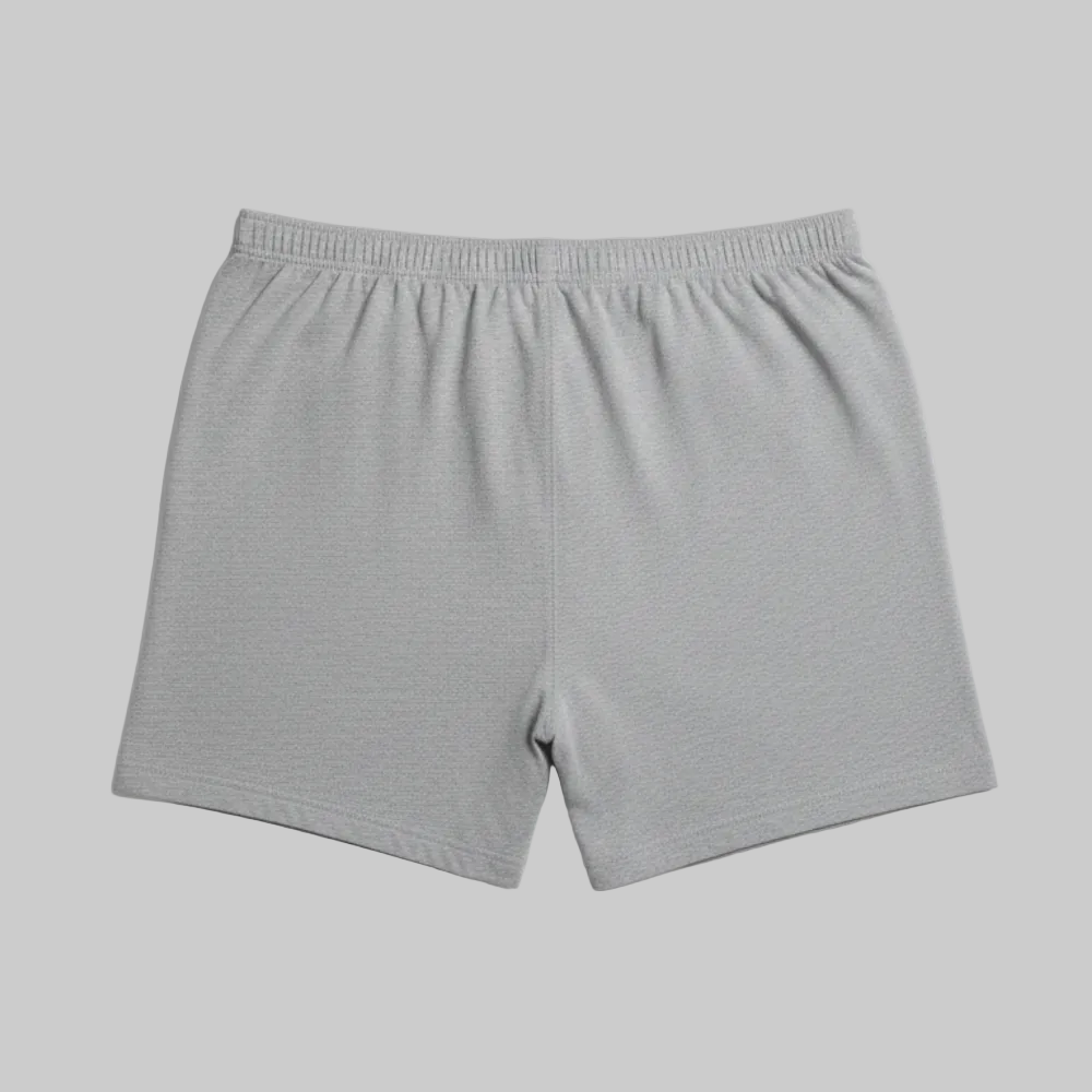 Classic light grey textured cotton boxer with elastic waistband and button fly, laid flat showing a clean and comfortable everyday design