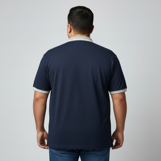 Navy and pale blue chevron polo shirt with white chest stripe and short sleeves