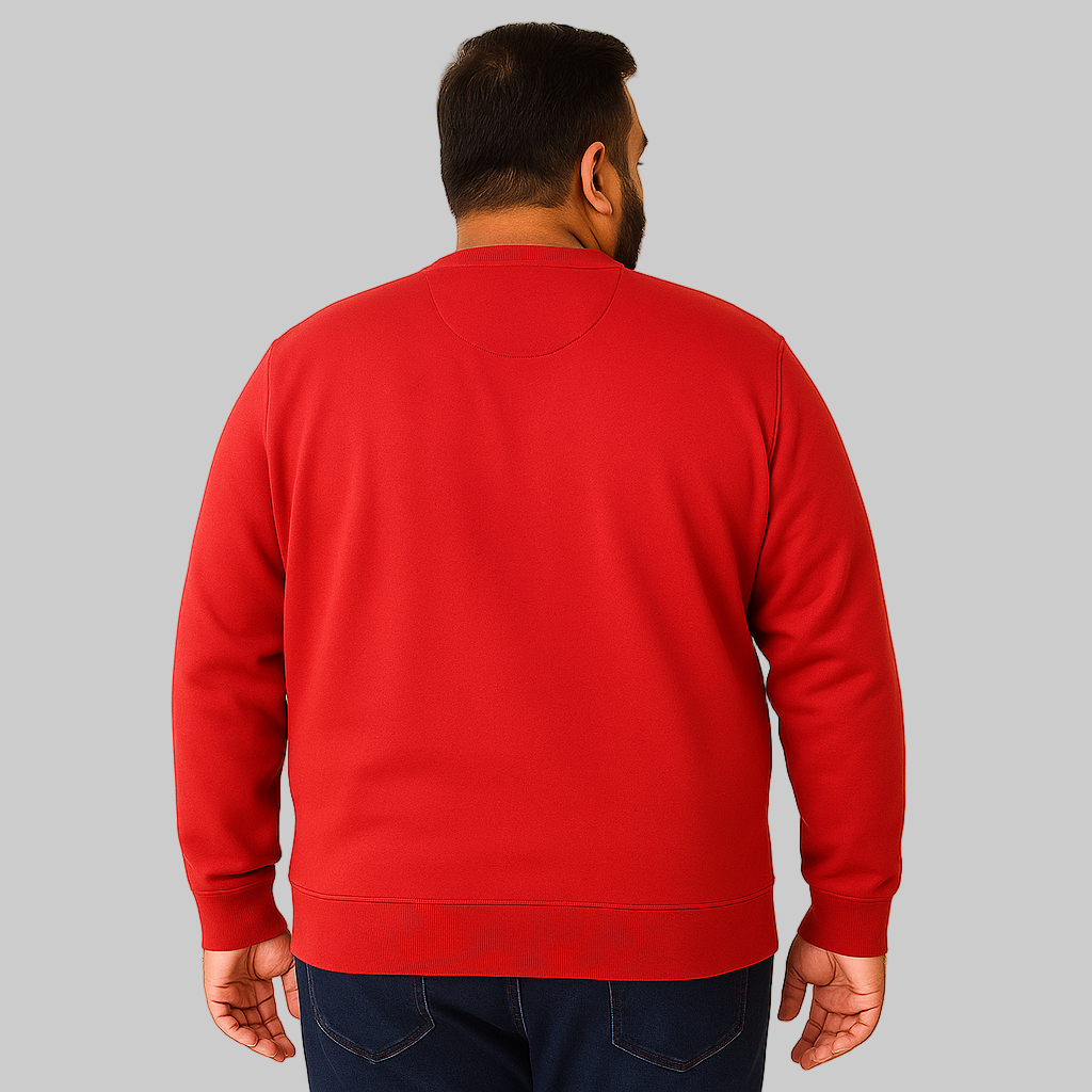 Classic Red Fleece Crewneck Sweatshirt with ribbed cuffs and hem — soft, warm cotton-blend casual pullover for men.