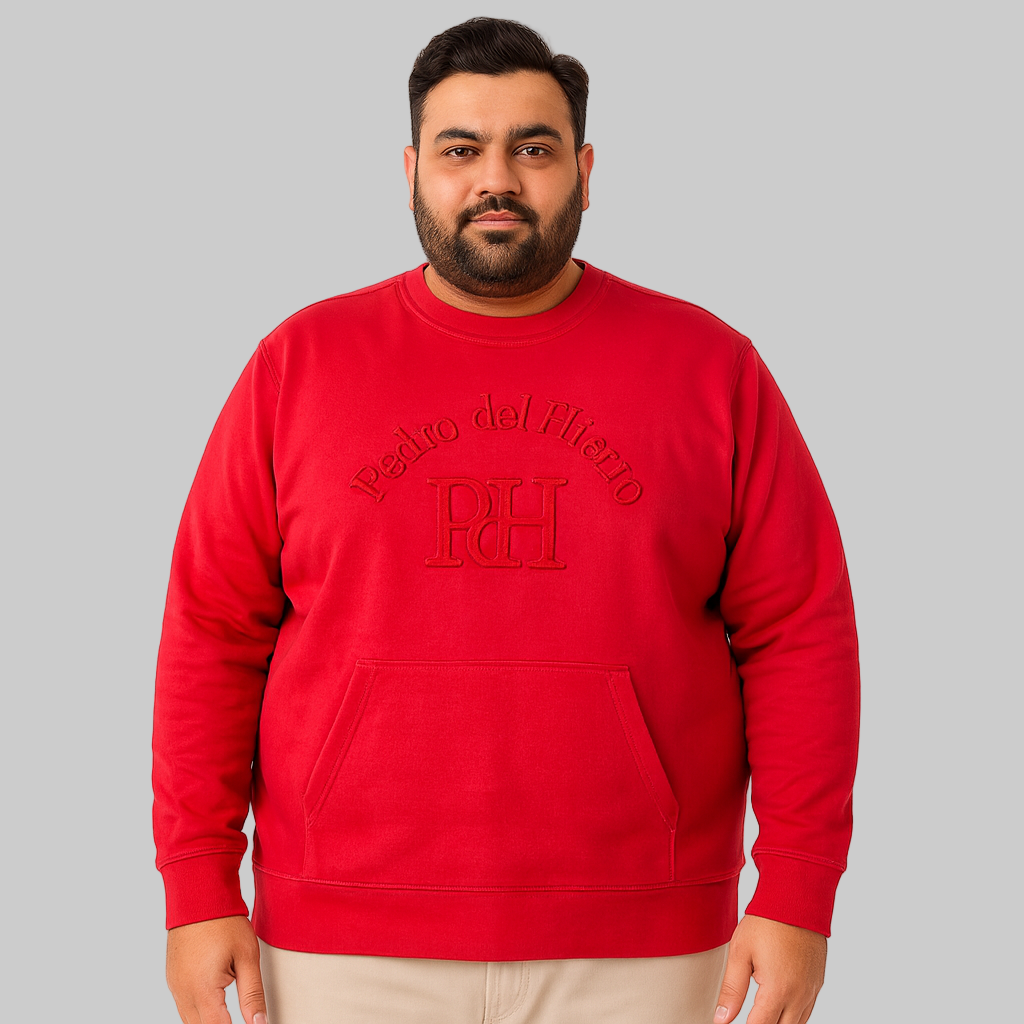 Classic Red Terry Crewneck Sweatshirt for men with ribbed cuffs and hem — soft cotton-blend casual pullover.